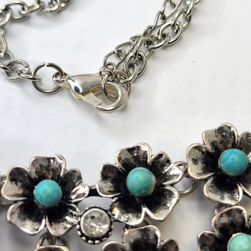 Silver Turquoise Rhinestone Flower Bib Necklace - Picture 3 of 16